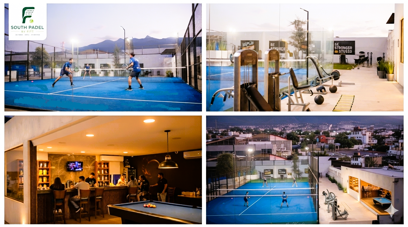 Instalaciones de South Padel By Fitt: canchas de pádel, gimnasio, bar & lounge y vista del club